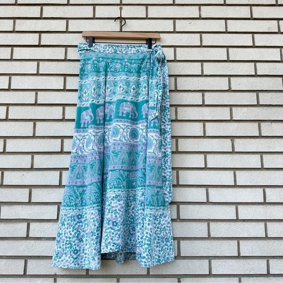 Vintage Funky People Wrap Block Print Skirt Horse Peacock Elephant Teal Skirt - Picture 1 of 10